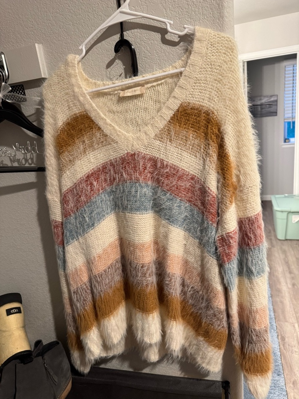 Altar'd State Cream V-Neck Sweater with Rust, Blue, Tan & Pink Stripes